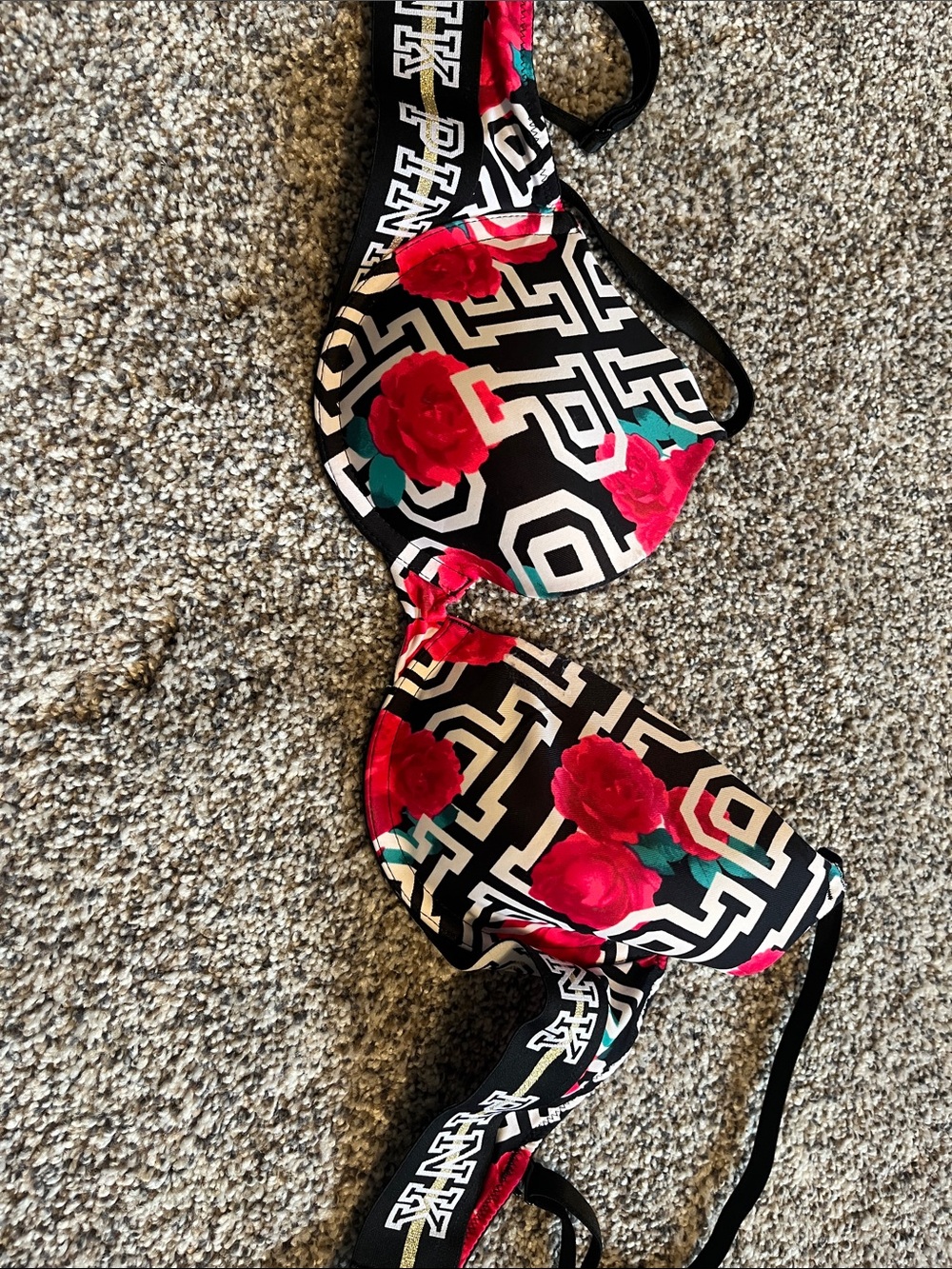 PINK Victoria's Secret Black Geometric & Red Rose Push-Up Bra